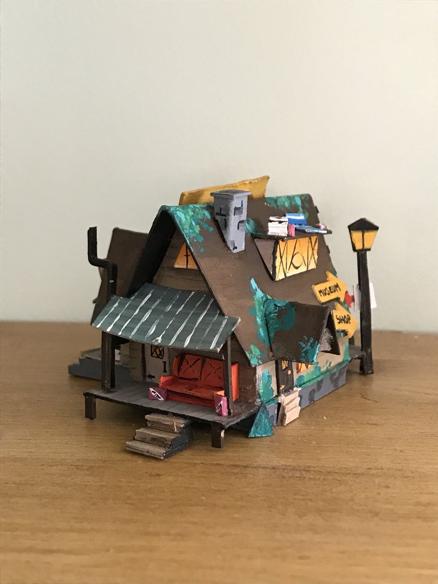 apocalemonart's tweet photo. Behold, Mystery Shack 2: THE SHACKENING.
Still tiny, but I painted *before* assembling so it’s much more detailed.
#GravityFalls #mysteryshack #miniatures #miniaturebuild #modelmaking @_AlexHirsch https://t.co/vPhQVrvzKk
