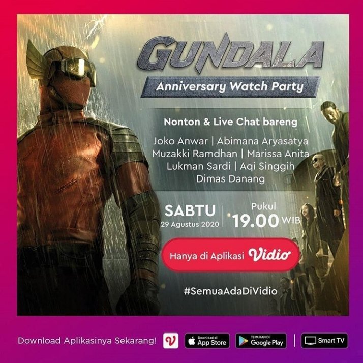 Nanti jam 7 malam akan ada Nobar #GUNDALA di Vidio, dalam rangka 1 tahun perdana tayang, bersama para cast dan sutradara Joko Anwar

Apa pertanyaan yang ingin kamu tanyakan pada mereka pada saat nobar nanti?

Jangan lupa hashtag #NobarGundaladiVidio