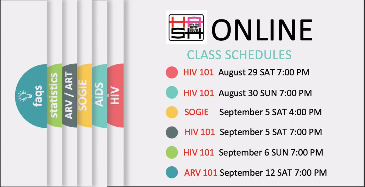 Tonight na to guys! Here are the schedules of @HASH_Support Online classes. Pls register below using your ALTER email so we can send you your zoom/google meet invite link. Thank you and see you then.  #HIV101 #SOGIE #ARV101 #ART101 bit.ly/HASH_HIVBasics…