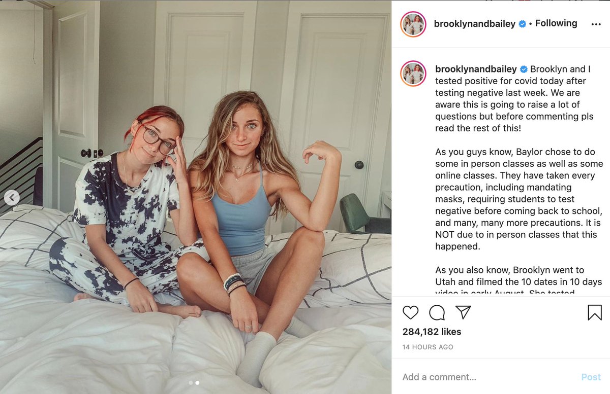 The influencer twins I'm weirdly obsessed with just tested positive for COVID while on campus at Baylor; I'm fascinated with their attempt to do influencer COVID
