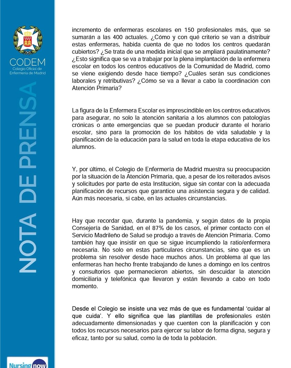 diegoredondo13's tweet photo. El Colegio de Enfermería de Madrid alerta de que el Coordinador COVID de cada centro educativo debe ser una enfermera para garantizar la salud de profesores, alumnos y familias. https://t.co/q785LL62bX