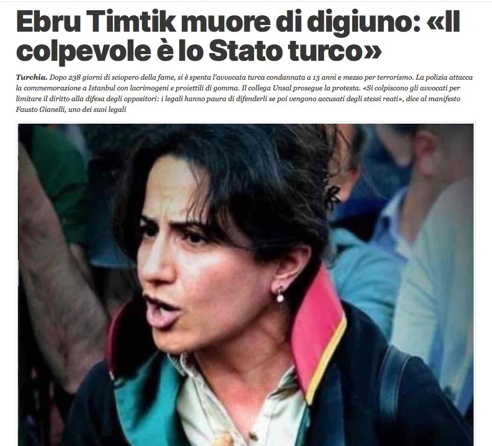 lauraboldrini's tweet photo. Dopo 238 giorni di sciopero della fame è morta #EbruTimtik, avvocata turca per i #dirittiumani che chiedeva un processo equo.

Nei regimi che violano le libertà civili si calpesta la vita di chi chiede giustizia.

#Italia e #UE agiscano per impedire che tale orrore si ripeta. https://t.co/XrSb8MHgvS