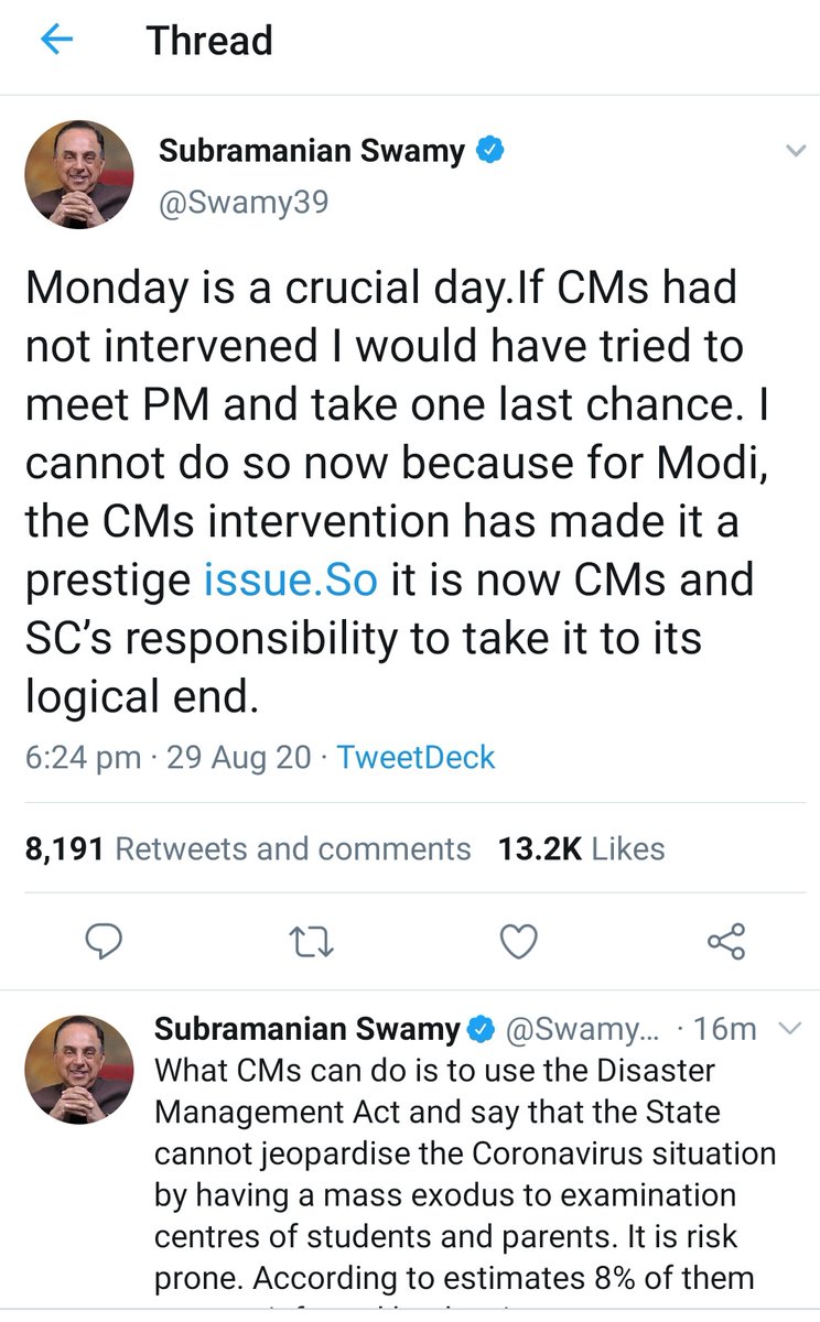 DrAsh_Mahendra's tweet photo. From my last four videos I have been saying that it's become a Prestige issue for BJP &amp; all dirty politics had Started . Many disagreed with me at that time . Same thing today Swamyji has tweeted.
#PostponeJEEAndNEET https://t.co/bHML5nciOu