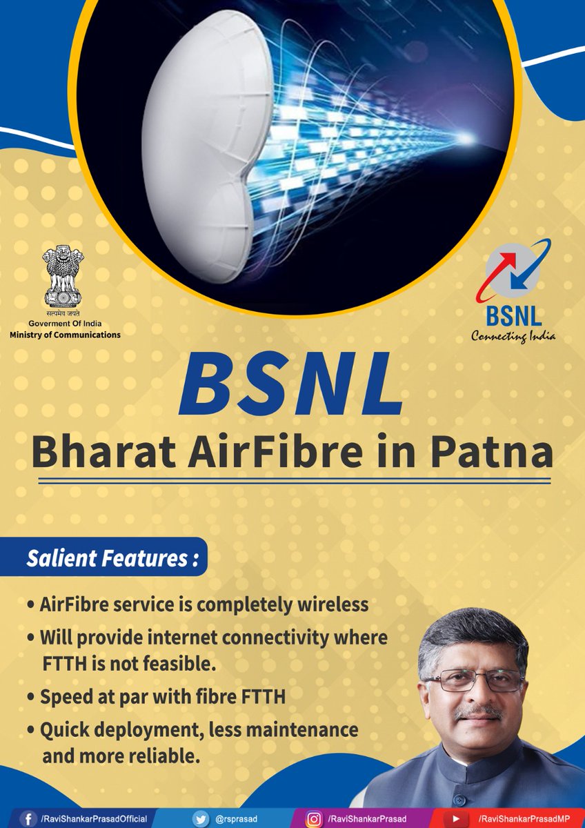 OfficeOfRSP's tweet photo. Telecom Minister @rsprasad today launched @BSNLCorporate Bharat AirFibre. A wireless and high speed internet connectivity technology.

Bharat AirFibre will provide internet connectivity in rural areas where FTTH is not feasible.

Subscription plan starts at Rs. 349/Month https://t.co/lyHscGUpa2
