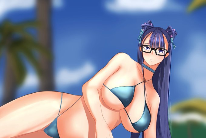 ガチャで引けないキャラも描けば引けるって噂で聞いたので描いた水着紫式部さん

水着に黒縁メガネって微妙にアンマッチな感じがいいですよねー 