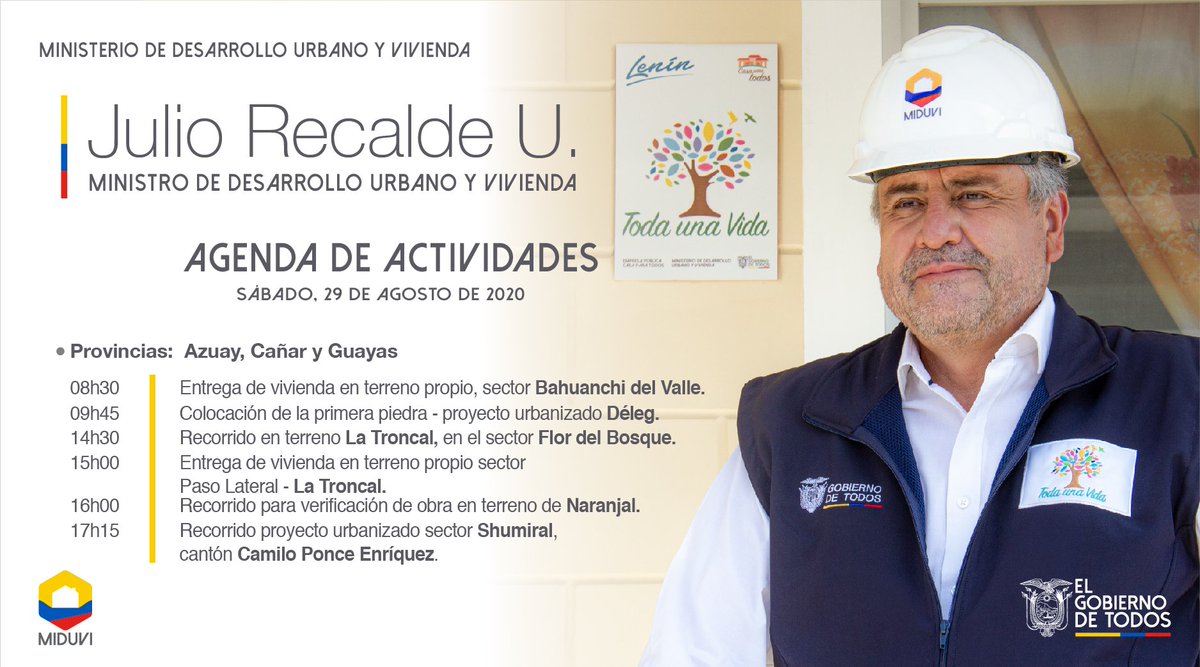 ¡Nuestra oficina es el territorio!
Este sábado, el ministro <a href="/JulioF_Recalde/">Julio Recalde Ubidia</a> entregará viviendas e inspeccionará obras de la Misión #CasaParaTodos en #Azuay, #Cañar y #Guayas. 

📌Más detalles aquí:⤵️

#ConstruimosHogares