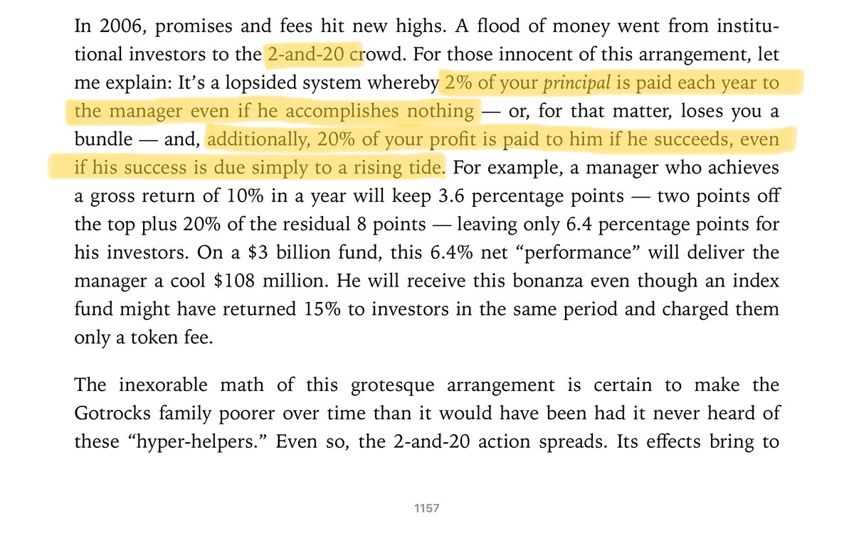 25/As usual, I'll leave you with a few references.Let's start with Buffett's 2006 letter, where he tells us what he thinks of the "2-and-20" fee structure: https://www.berkshirehathaway.com/letters/2006ltr.pdf