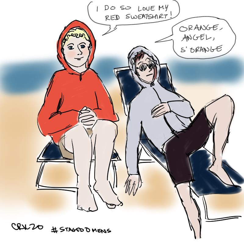 conniek's tweet photo. A friend & I got on the topic of @michaelsheen's sweatshirt. He says it's red. In this StagedOmens scene, Aziraphale agrees. Crowley, dressed like his #Staged2020 counterpart, can't help but mess w/ him. I chose "just enough of a bastard" orange-red to be unsure. #GoodOmens https://t.co/HLBhawGMmS
