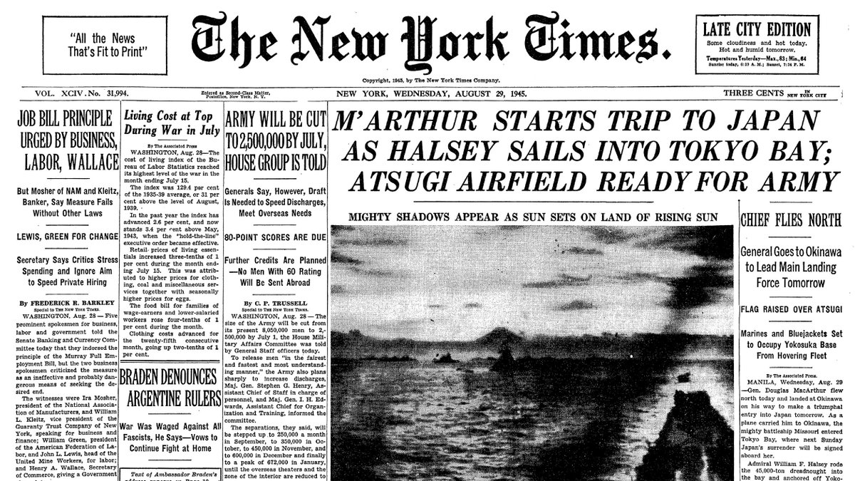 Aug. 29. 1945: M'Arthur Starts Trip to Japan As Halsey Sails into Tokyo Bay; Atsugi Airfield Ready for Army  https://nyti.ms/2EDpqlh 