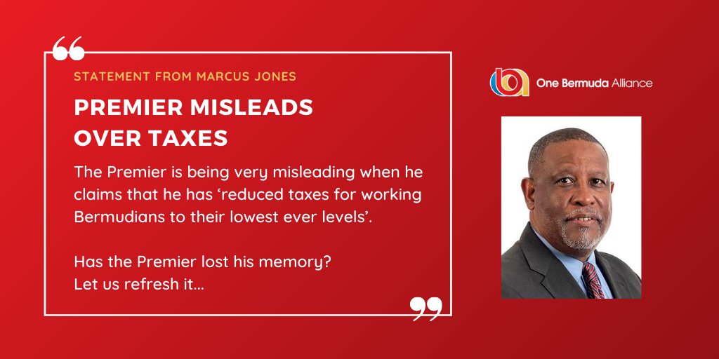 1bermudalliance's tweet photo. Premier misleads over taxes. Watch the latest statement from Marcus Jones over on our Facebook page. #BdaElection #Bermuda

https://t.co/8W6xk6IO1o https://t.co/b7JxiCrWPx