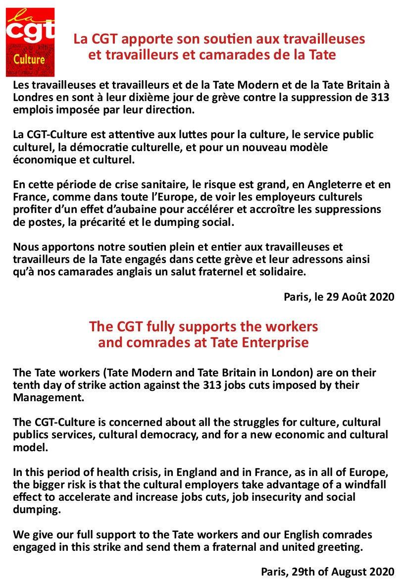 Thanks to the French #TradeUnion <a href="/cgt_culture/">CGT-Culture</a> for their solidarity to <a href="/Tate_United/">PCS Tate United</a> strikers &amp; other cultural workers. Art workers of the world unite! Travailleurs/ses culturels/lles de tous les pays unissons nous! ✊✊🏽✊🏿
cgt-culture.fr/la-cgt-apporte…