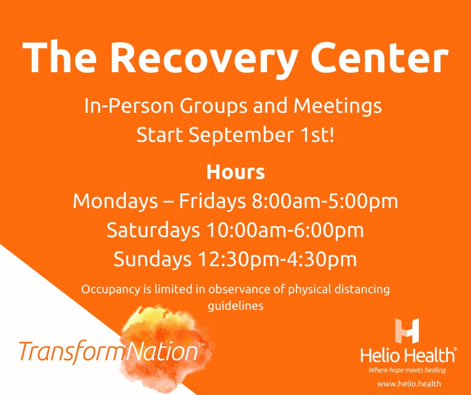 helio_health's tweet photo. In-person groups and meetings start Tuesday, September 1st! Space will be limited in observance of physical distancing guidelines. For more information about our peer-led dynamic supports, contact 315-701-1518. #JoinTransformNation Join It. Live It. Be it. https://t.co/uALbMaqMBb https://t.co/fOFxbRjXMq