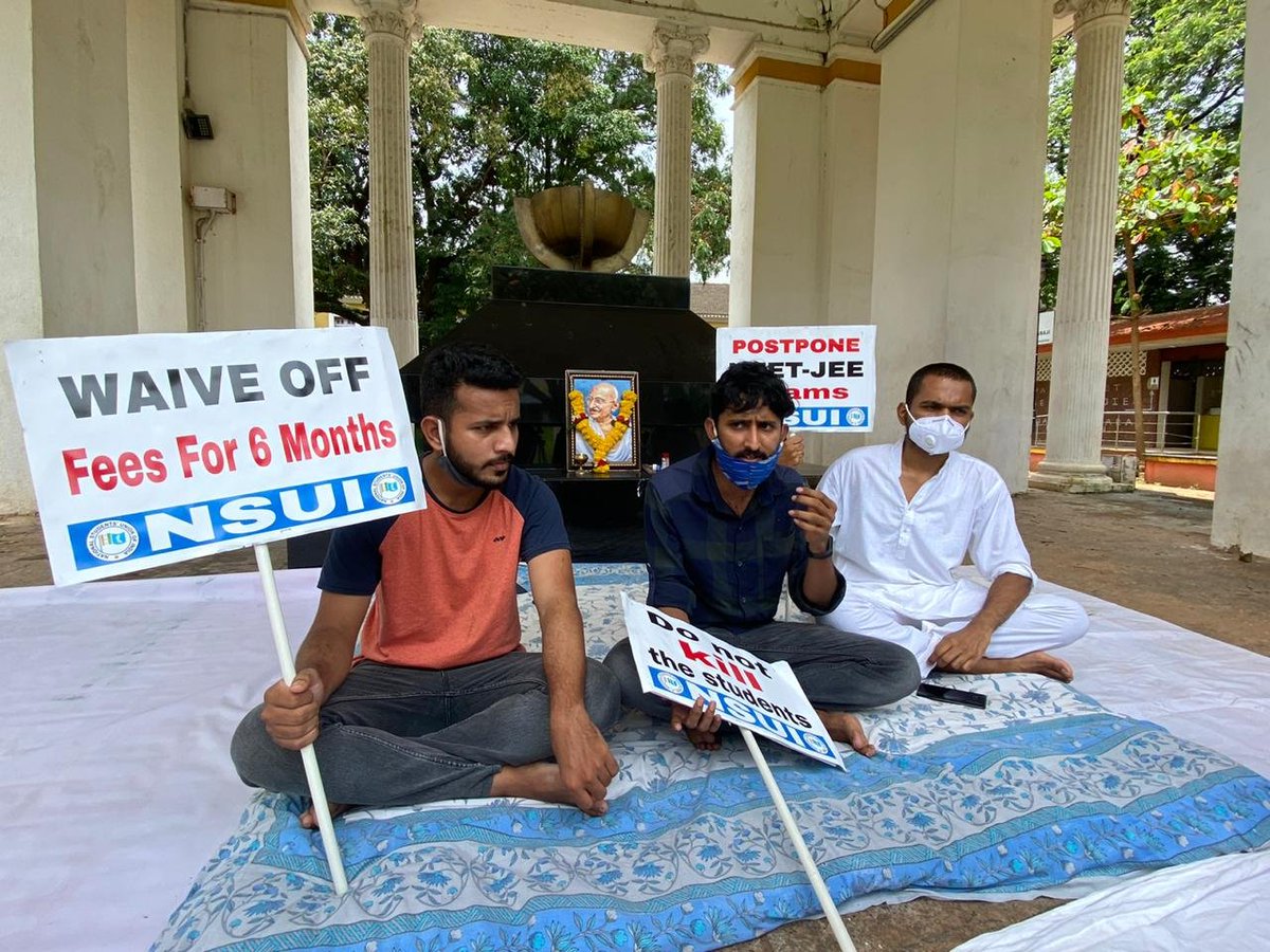nsui's tweet photo. NSUI Goa State President Ahraz Mulla along with other members began an indefinite hunger strike at Azad Maidan in Panaji, demanding the postponement of the NEET-JEE exams and fee waiver for students during this pandemic.
#PostponeExams_Or_ResignModi #HungerStrikeForStudentsSafety https://t.co/GqSFfqad2V