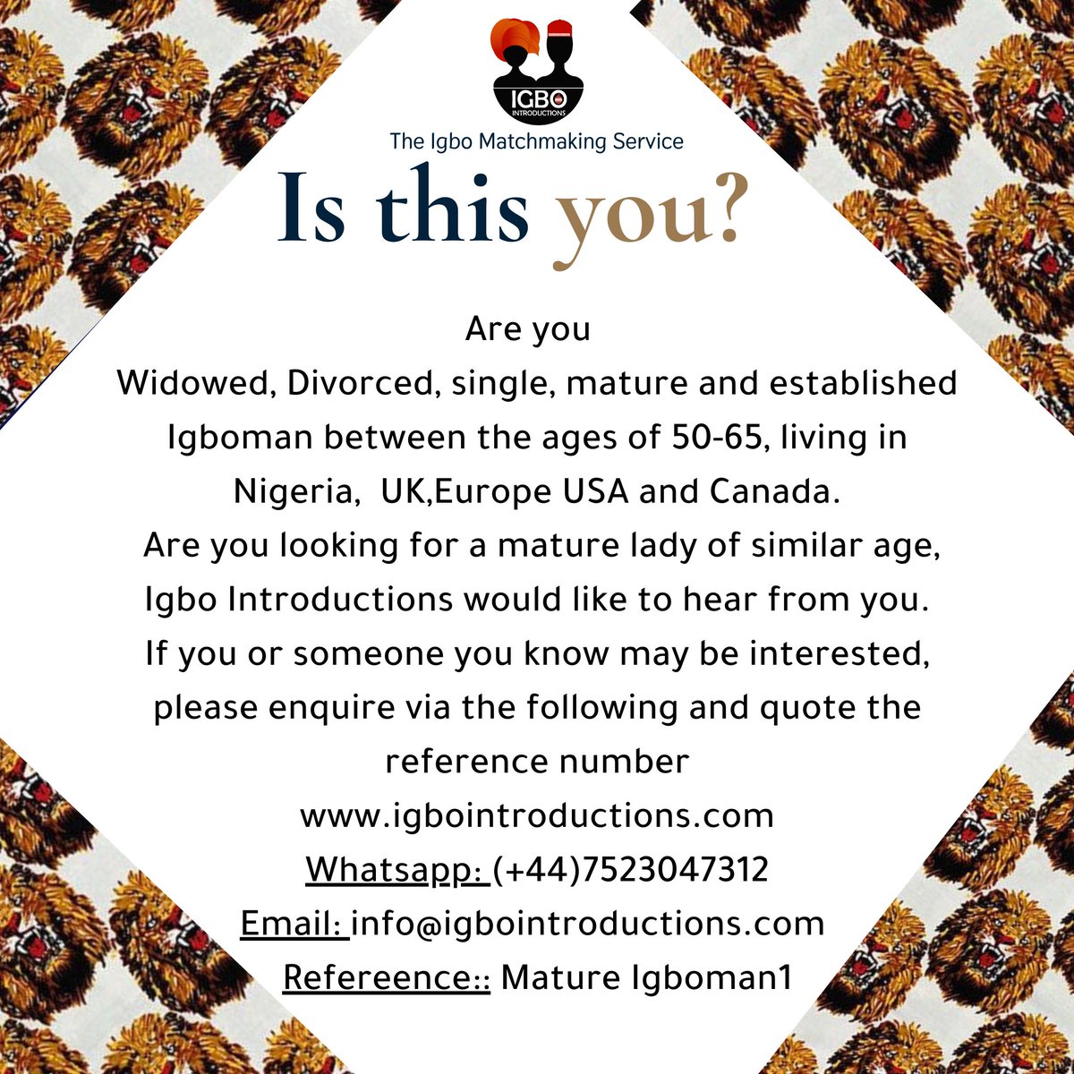 Igbointro's tweet photo. Are you a mature Igboman, looking for a mature lady between the ages of 50-65yrs. Igbo Introductions would like to hear from you.#igbo  
 #IgboLivesMatter #igbowedding #igbankwu #igbomen #igbodiaspora #umuigbo https://t.co/PBQyoRG7cH
