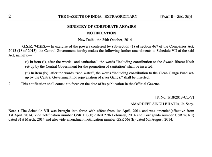 In 2014, the Modi govt set up 2 public charitable trusts1. Swacch Bharat Kosh2. Namami Gange aka. Clean Ganga Trust.Through a notification, BOTH these trusts were made CSR-eligible allowing companies to donate. They were also allowed to accept foreign funds.(1/3)