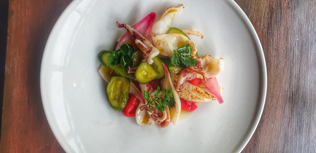 Calamari, piquillo, pickled cucumbers from our garden.
Tables available for lunch today and tonight on the the terrace.
