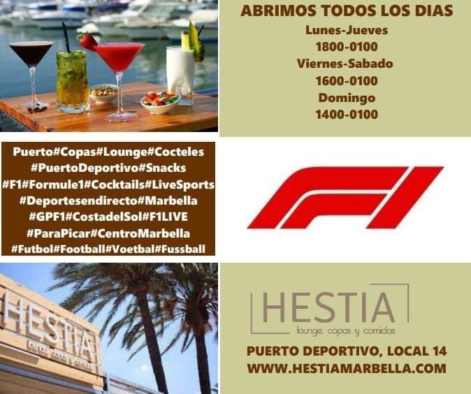 FORMULE 1 &amp; COMMUNITY SHIELD LIVE

29/08, 1730h | ARSENAL - LIVERPOOL 
29/08, 1900h | AJAX - Eintracht Frankfurt

30/08, 1510h | Formule 1 Grand Prix Belgie

TOMA NOTA: Cerramos cada día a la 01:00, por las nuevas medidas del Covid19.

Reserva tu mesa;
☎ 0034- 666 337 830
