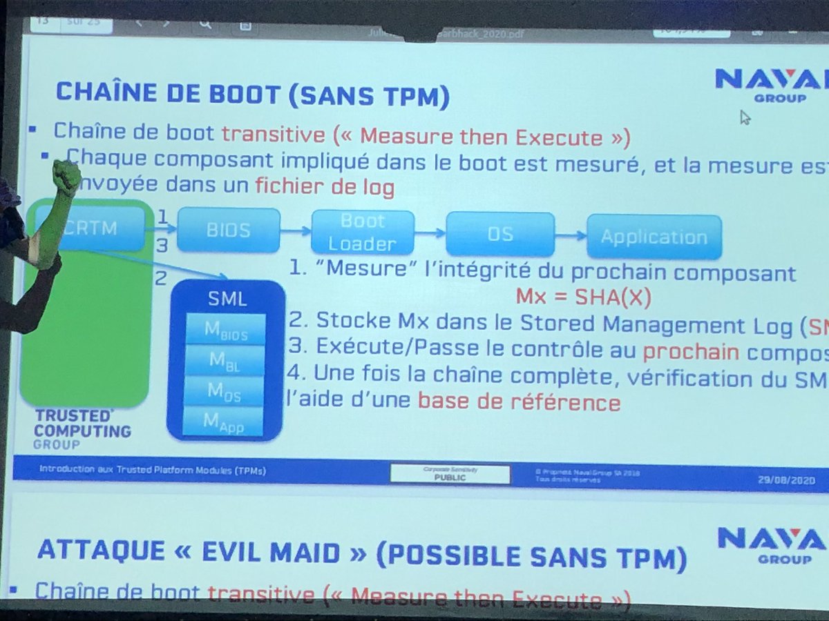 Herve_Schauer's tweet image. Les usages des  #TPM (processeur crypto+registres d’intégrité, passif, matériel) sont diversifiés, même #CLIPOS de l’@ANSSI_FR, les attaques sont possibles mais limitées donc ils devraient être plus utilisés par Julien Franck du lab cyber de @navalgroup à #BARBHACK20
@_barbhack_