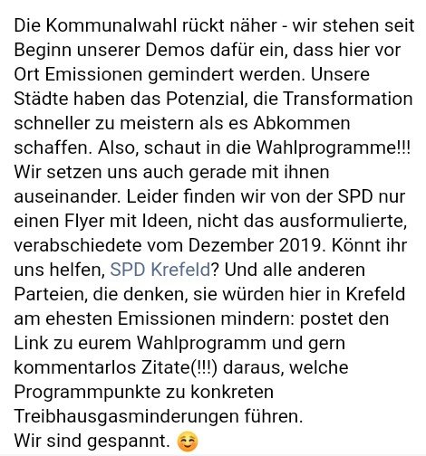 Fridays for Future Krefeld (@fffkrefeld) on Twitter photo @Hansen_OB_2020 <a href="/HButzen/">Hans Butzen</a> <a href="/FMeyerKR/">Frank Meyer</a> @UWG_Krefeld <a href="/SPDKrefeld/">SPD Krefeld</a> <a href="/CDUKrefeld/">CDU Krefeld</a> @JrgThiele <a href="/DiePARTEI_KR/">Die PARTEI Krefeld</a> <a href="/DieLinkeKREFELD/">DIE LINKE. KREFELD</a> @FDPKrefeld
🔊So, Butter bei die Fische! Was gibt euer Wahlprogramm her für kommunalen Klimaschutz?! Raus damit 😉🧐🔎✔️❎
#krefeldwähltklima @Hansen_OB_2020 <a href="/HButzen/">Hans Butzen</a> <a href="/FMeyerKR/">Frank Meyer</a> @UWG_Krefeld <a href="/SPDKrefeld/">SPD Krefeld</a> <a href="/CDUKrefeld/">CDU Krefeld</a> @JrgThiele <a href="/DiePARTEI_KR/">Die PARTEI Krefeld</a> <a href="/DieLinkeKREFELD/">DIE LINKE. KREFELD</a> @FDPKrefeld
🔊So, Butter bei die Fische! Was gibt euer Wahlprogramm her für kommunalen Klimaschutz?! Raus damit 😉🧐🔎✔️❎
#krefeldwähltklima