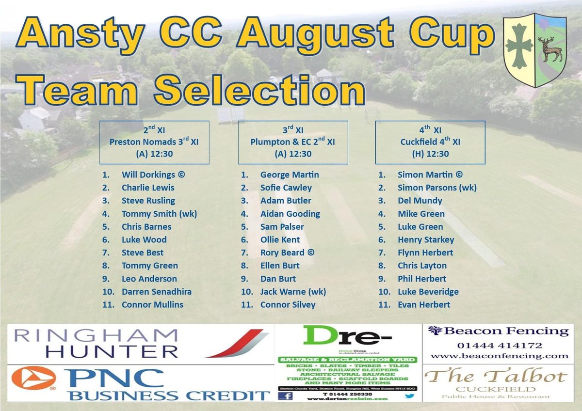 Ansty CC (@anstycc) on Twitter photo August Cup Team Selection - Week 5! ๐๐
Ansty 2nd XI vs. <a href="/PrestonNomads/">Preston Nomads CC</a> 3rd XI (A)
Ansty 3rd XI vs. <a href="/PlumptonCricket/">Plumpton & EC CC</a> 2nd XI (A)
Ansty 4th XI vs. <a href="/CuckfieldCC/">Cuckfield CC</a> 4th XI (H)
Good luck to all teams involved! ๐ August Cup Team Selection - Week 5! ๐๐
Ansty 2nd XI vs. <a href="/PrestonNomads/">Preston Nomads CC</a> 3rd XI (A)
Ansty 3rd XI vs. <a href="/PlumptonCricket/">Plumpton & EC CC</a> 2nd XI (A)
Ansty 4th XI vs. <a href="/CuckfieldCC/">Cuckfield CC</a> 4th XI (H)
Good luck to all teams involved! ๐
