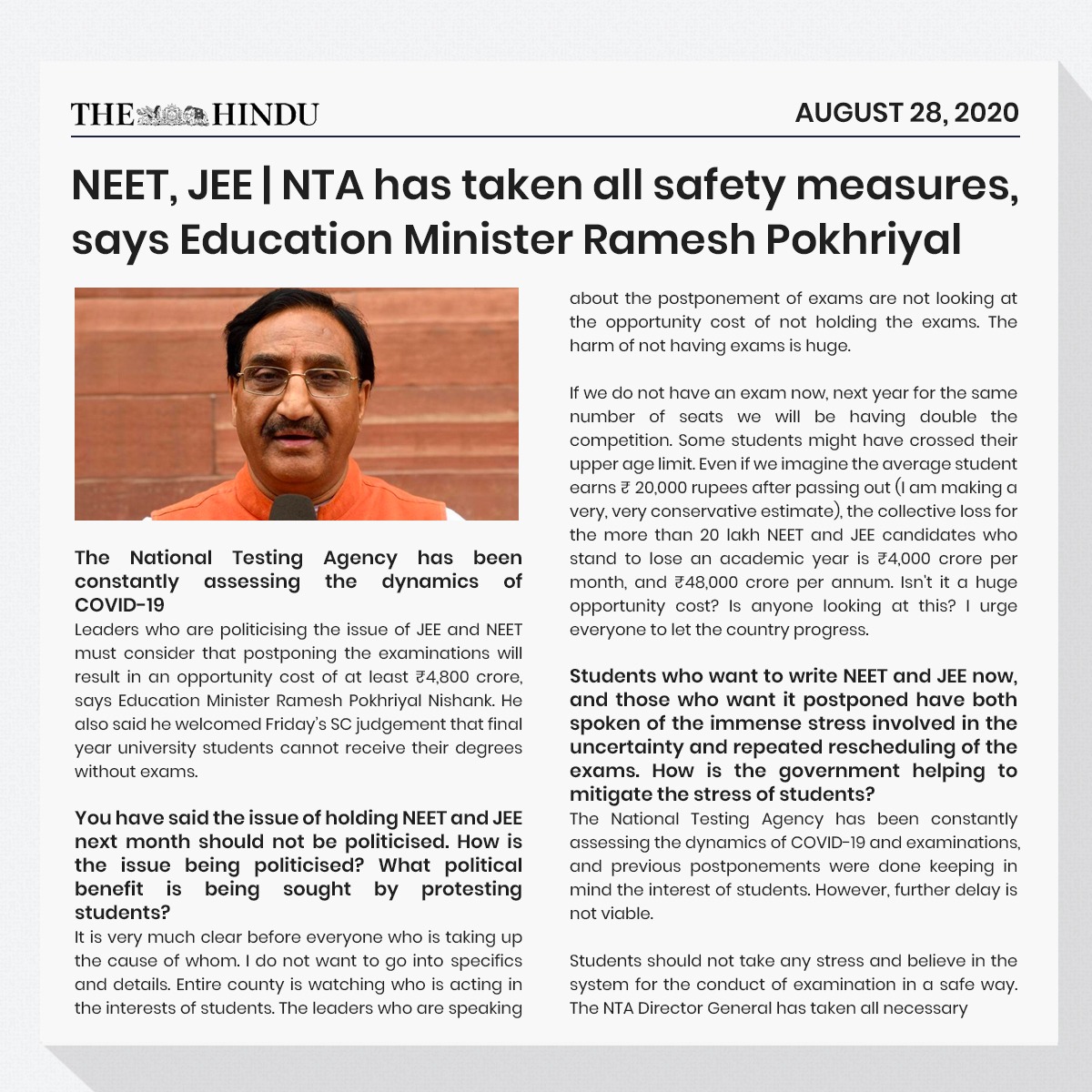 DrRPNishank's tweet photo. The steps taken by @DG_NTA will ensure that the health and safety of the students are not under risk.
#JEE #NEET
@the_hindu
https://t.co/wEcf6gCkn8 https://t.co/EVCCRM2LA1