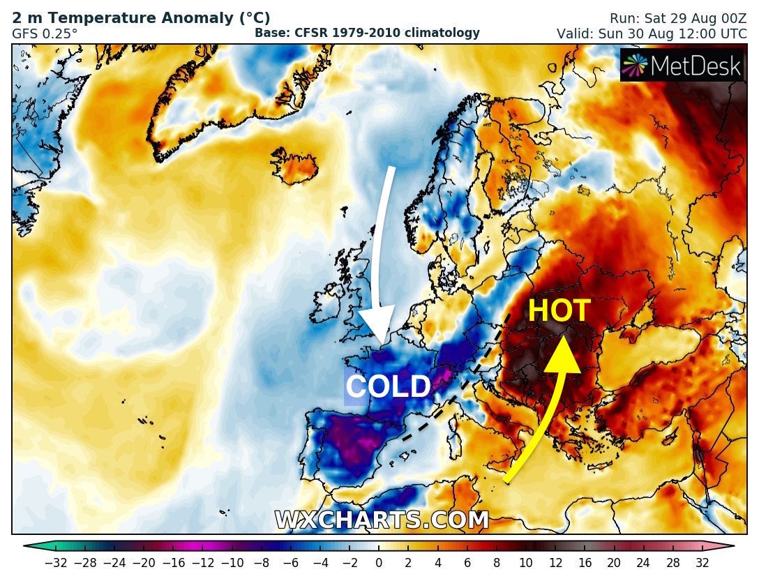 This is how the temperature nearer the surface compares to normal for this time of year.Much colder than normal in the west and hot in the east. Note the thermal boundary close to the Alps. This is where we will see a lot of severe weather.