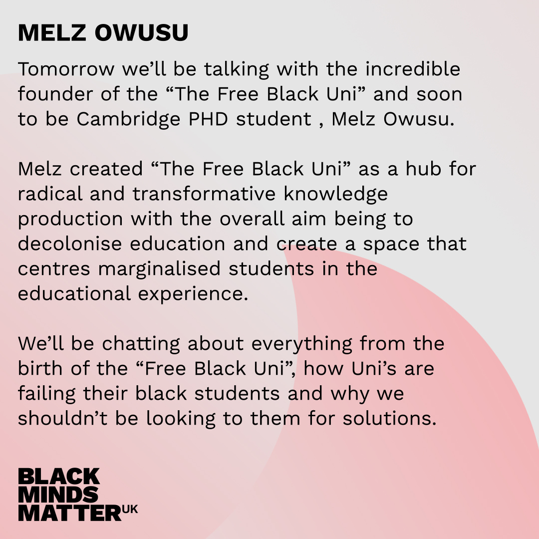 💭IN CONVERSATION WITH MELZ OWUSU (@melzdot) founder of @freeblackuni ⏰ SUNDAY 30TH AUGUST 7PM

We'll be chatting with Melz about all things about 'The Free Black Uni' and much much more!

⭐️TUNE IN TOMORROW AT 7PM

#freeblackuni #mentalhealth #decoloniseeducation #education