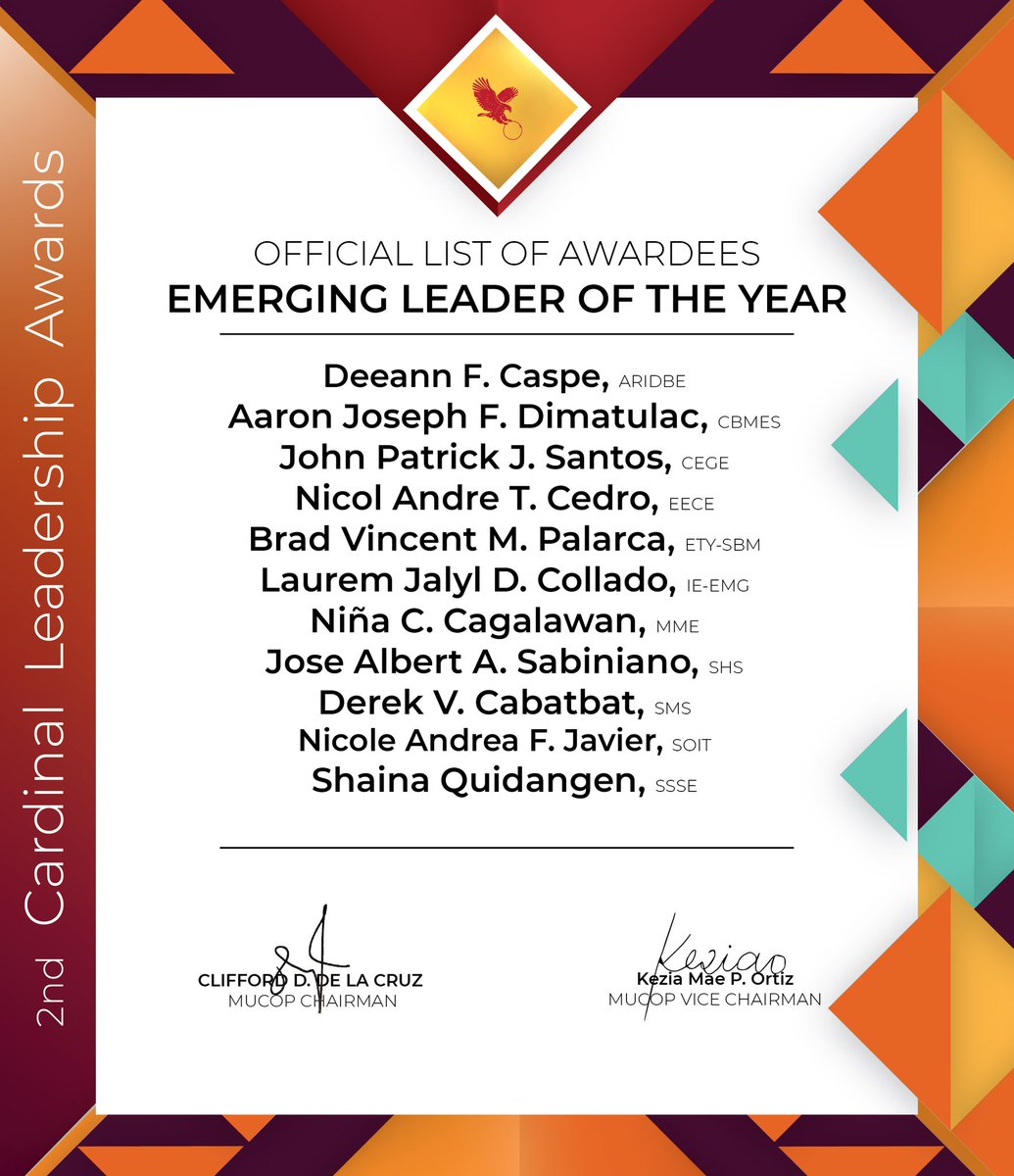 Mapua_COP's tweet photo. The Final award for CLA would be given to the Emerging Leader of the Year
This award is given to the officer who exhibited consistent outstanding leadership skills which manifested vision into reality and who is known to accomplish further in the future.
Congratulations! https://t.co/WfXWeEQRHH