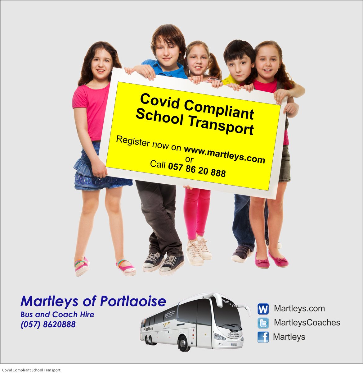 MartleysCoaches's tweet photo. Covid Compliant School Transport.
Please Register here;
https://t.co/bao5gdpyMY
or call 057 86 20 888.
#Laois #Portlaoise #Mountrath #Transport #School #SchoolTransport #Bus #SchoolBus #SchoolService https://t.co/B3CmMfcanh