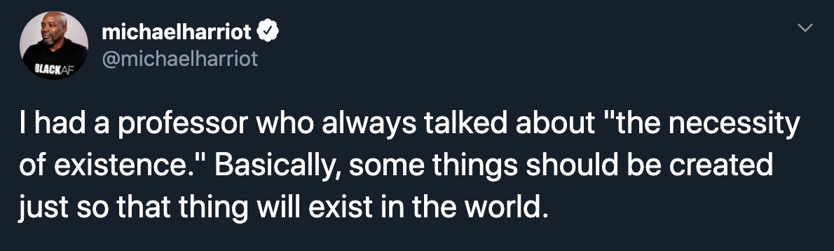 . @michaelharriot talks about the "necessity of existence." That some things should be created so that that thing will exist in the world.In Black Panther,  @chadwickboseman let himself be a vessel for several necessary things. He reminds us... (1/n)  https://twitter.com/equartey/status/1138184738877976579