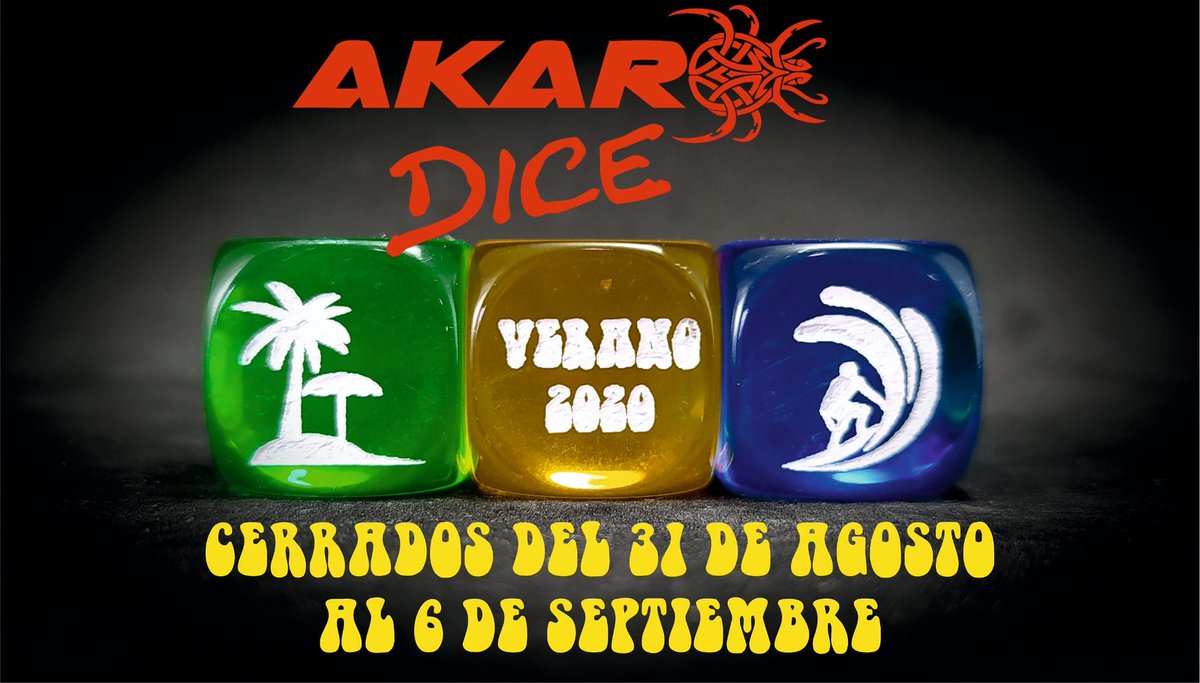 AkaroDice's tweet photo. Los Akaros nos vamos de vacaciones
Cerramos por vacaciones desde el 31 de Agosto al 6 de Septiembre.
Podéis enviar vuestros emails y pedidos con normalidad estos días, serán atendidos por orden de entrada a nuestro regreso.
¡Muchas gracias!
#Vacaciones #AkaroDice #AkaroStudio https://t.co/kpYPmWQboP