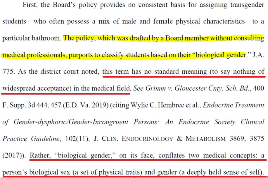 The court was instead referring to a concept referred to as 'biological gender' and not sex. From the same document: "Biological gender... conflates two medical concepts; a person's biological sex and gender [identity]. /2