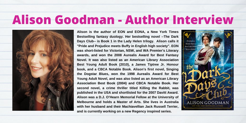 bnes_libraries's tweet photo. This week we'd like to welcome an honorary Bathonian @AlisonGoodman - an Australian author of YA and Adult Sci-Fi and supernatural fantasy novels. 
#bathneslibraries #virtuallibrary #authorinterview #Regency #bookishweekend #ladyhelentrilogy #darkdaysclub @WalkerBooksUK https://t.co/dmQndlfaBK