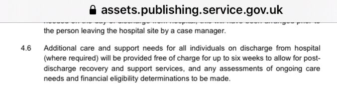 Few things to note in this:Emphasis is heavily on rapid discharge & community assessment: moves most assessment post acute care into communities-piling pressure onto local authorities & CCGsFree support available on discharge up to 6 weeks 