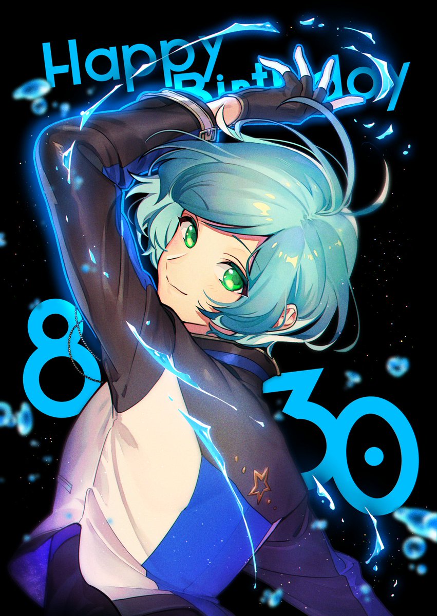 1boy male focus green eyes solo gloves smile blue hair  illustration images