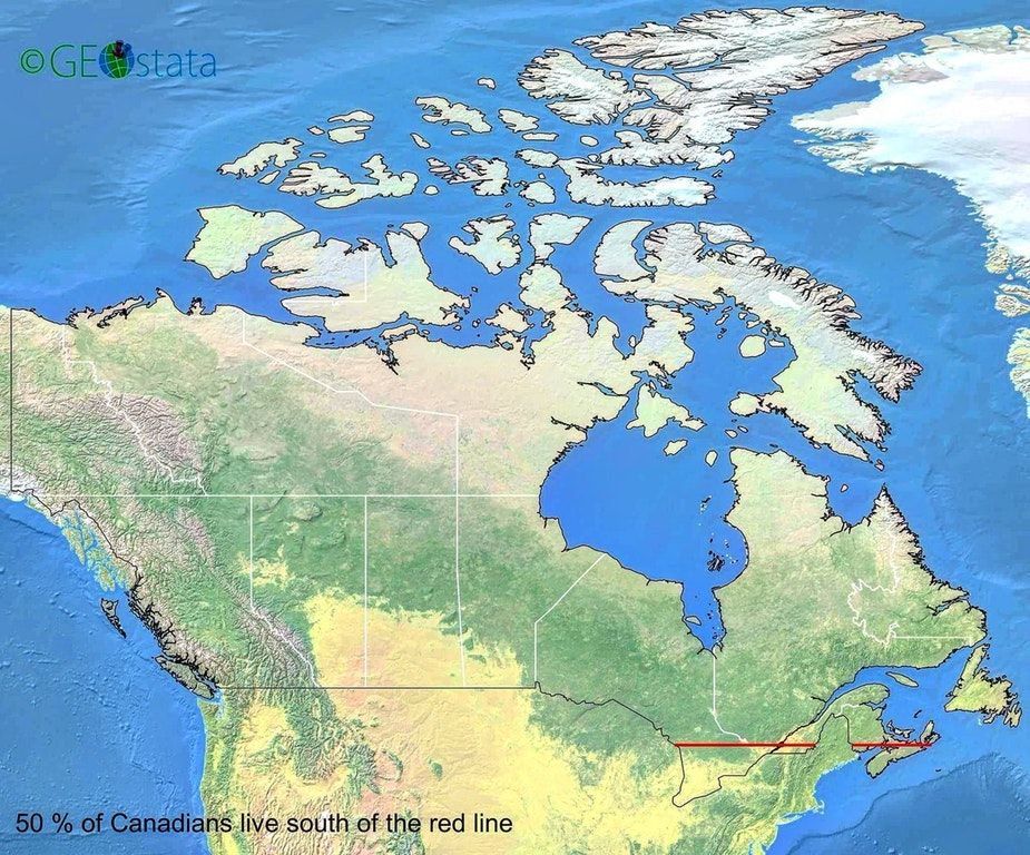 Половина канадцев живёт южнее красной линии 🇨🇦