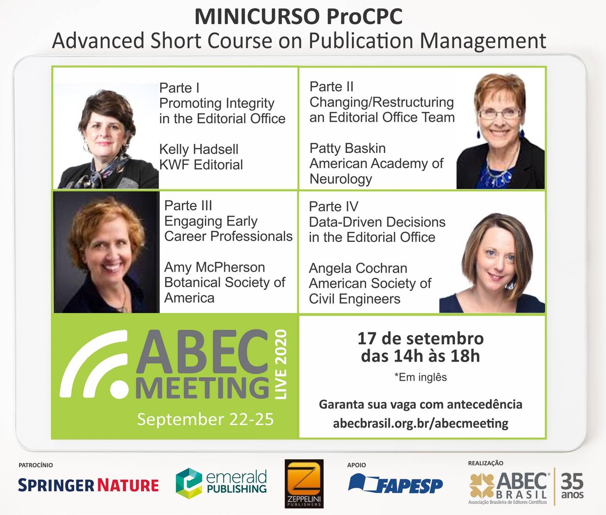 ABECBrasil's tweet photo. No dia 17 de setembro, às 14h, acontece o Minicurso ProCPC Advanced Short Course on Publication Management, com Kelly Hadsell, Patty Baskin, Amy McPherson e Angela Cochran.
Mais informações em https://t.co/JqG74KRVA1
#ABEC #ABECBrasil #Minicurso #ProCPC #PublicationManagement https://t.co/j81ZK62vcY
