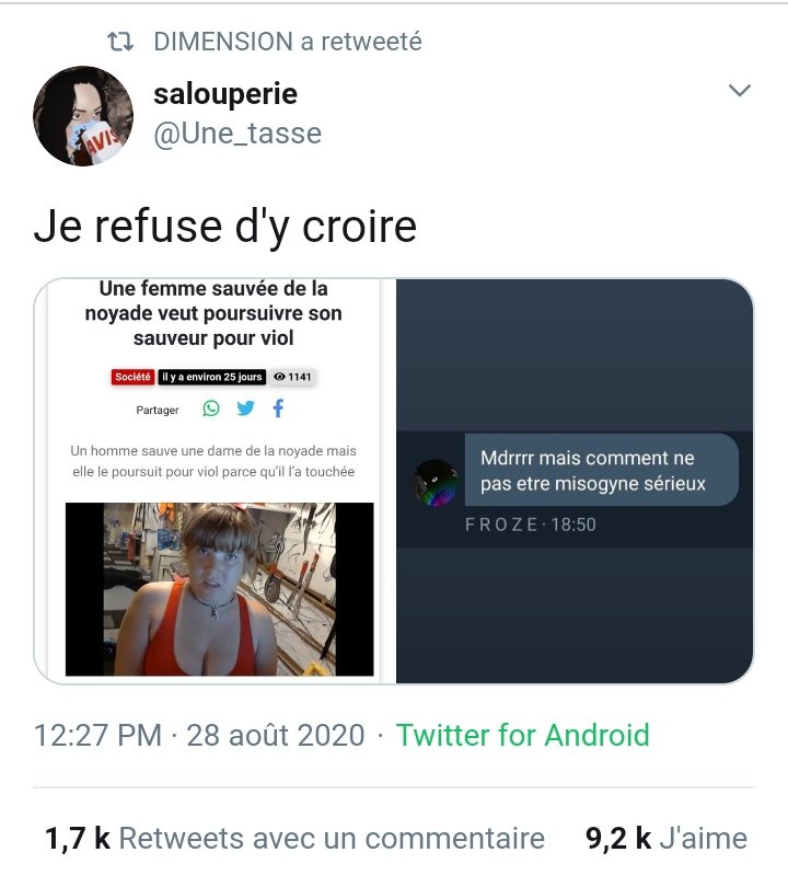 Comme vous pouvez le voir la publication est créée par  @Une_tasse et RT pas  @DIMENSION_YT. Deux comptes assez complotistes connus pour leur orientation antifemministe et partageant souvent de la désinformation.