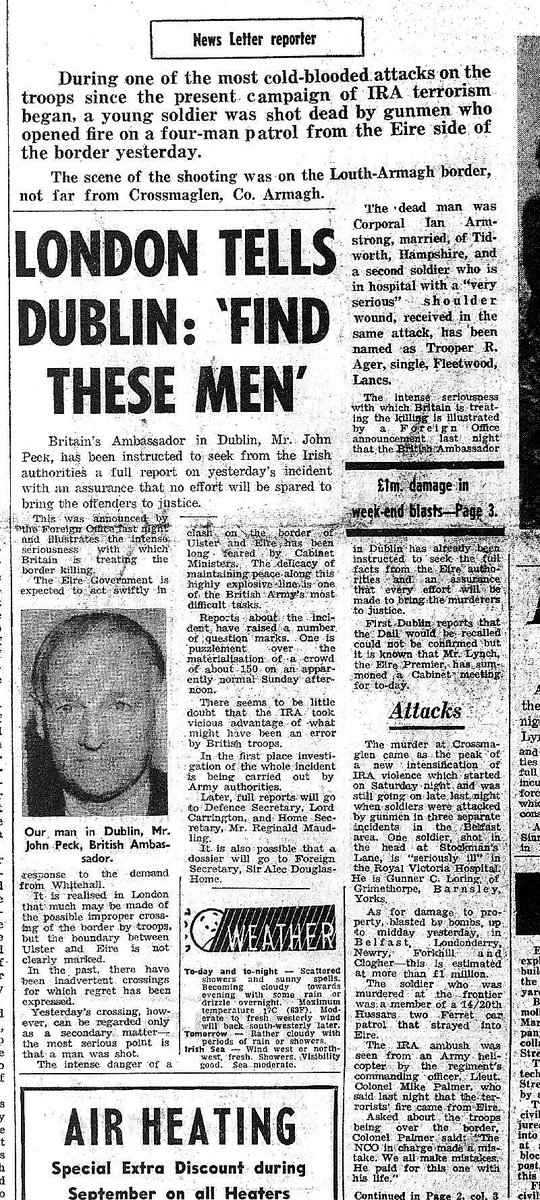 Hannyhas's tweet photo. Cpl Armstrong contd #Hackballscross 
 1971 Vicious crowd
" poured petrol over the vehicle with the soldier still inside" at Louth side &amp; blocked the road.
Armagh side - Ian Armstrong was shot in his heart - Trooper  R Ager seriously injured by IRA - given 5 pts blood in ambulance https://t.co/OAb0zgJNpe