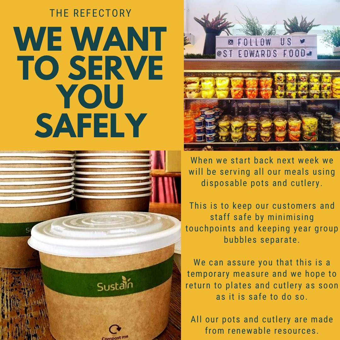 StEdwardsFood's tweet photo. So things will be a little different when we start back next week but we’ll take each day at a time with the aim of getting our service back to normal once it’s safe to do so @StEdwardsColl https://t.co/yUvfrKgqoq