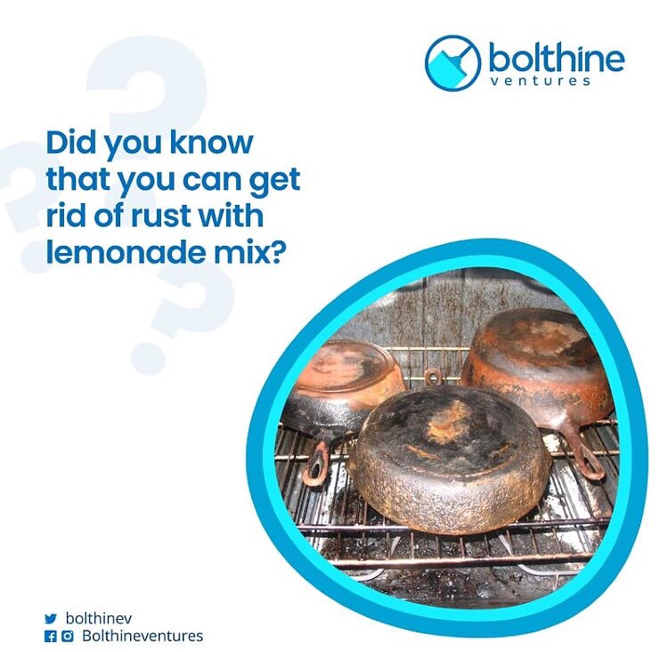 BolthineV's tweet photo. #DidYouknow that you can easily get rid of rust with just lemonade mix? 🍋 🤯

All you have to do is rub the mixture on the surface, apply a little elbow grease and the citric acid from the drink powder will eat away the rust! ✨

#Bolthineventures #CleaningHack #SaturdayVibes https://t.co/iIFhm0gJpk