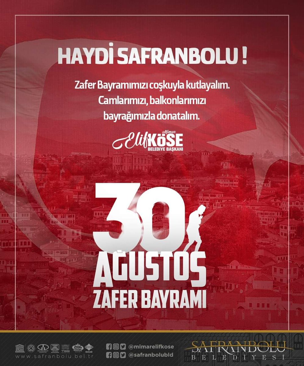 Bu zafer, bu coşku hepimizin! 
Balkonlarımızı şanlı bayrağımızla donat Safranbolum!
🇹🇷🇹🇷🇹🇷
#bayrak #30ağustos #zaferbayramı #safranbolu #bayramcoşkusu