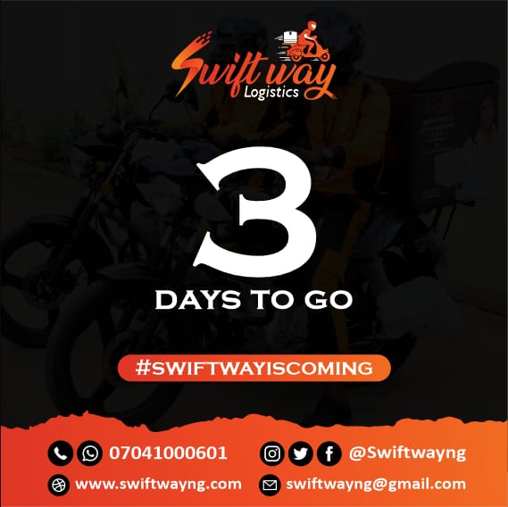 SwiftwayNg's tweet image. It&apos;s 3 days to our official launch.
Get ready for a logistics experience like never before.

#SwiftwayIsComing #SwiftwayNG #Logistics #Delivery #Lagos #Nigeria