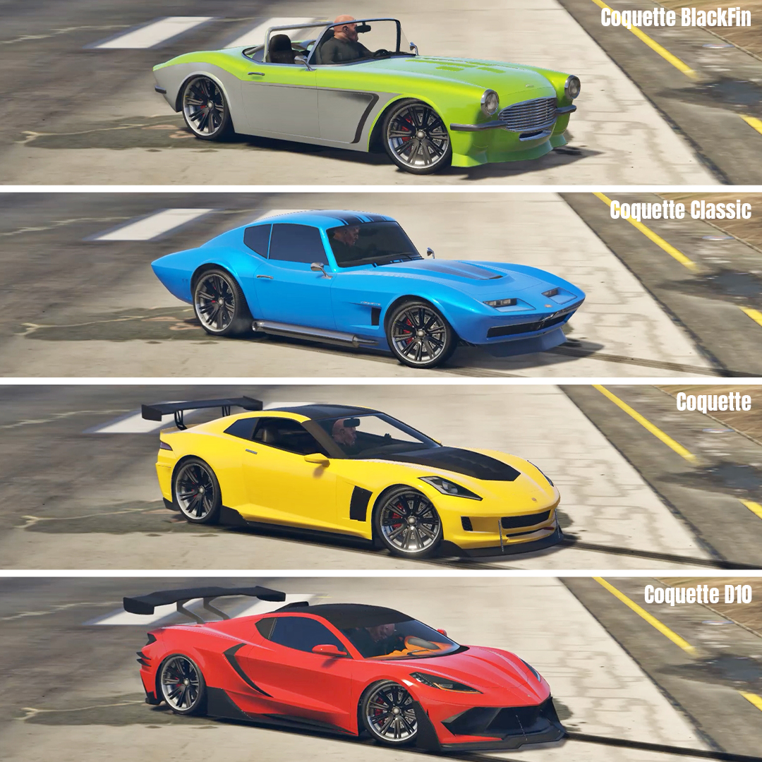 CONE 11 on X: 🎮 GTA 5 Online: COQUETTE D10 VS COQUETTE VS COQUETTE  CLASSIC VS COQUETTE BLACKFIN (WHICH IS FASTEST?) ❌   ​○ Subscribe To My  Channel ​○ Turn On