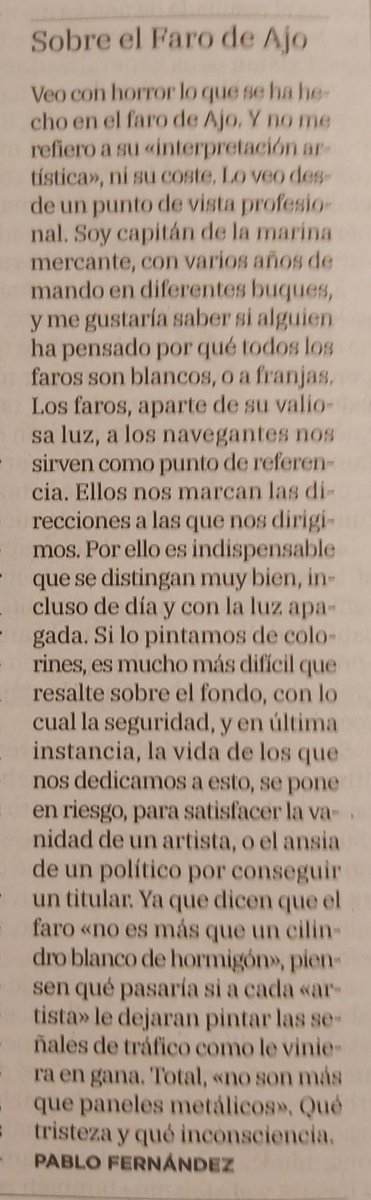 dadatecto's tweet photo. @parbolo @GuilleMunoz @diego_gon @Oskartxuprz @martindonato @meneldis @Orocline Más allá del crimen estético que han cometido, la mayoría de faros no son blancos por capricho, sino porque, a gran distancia, resaltan sobre el fondo más que cualquier estampado de colorinchis. En esta columna lo explican perfectamente. https://t.co/SWJKJpQr9T