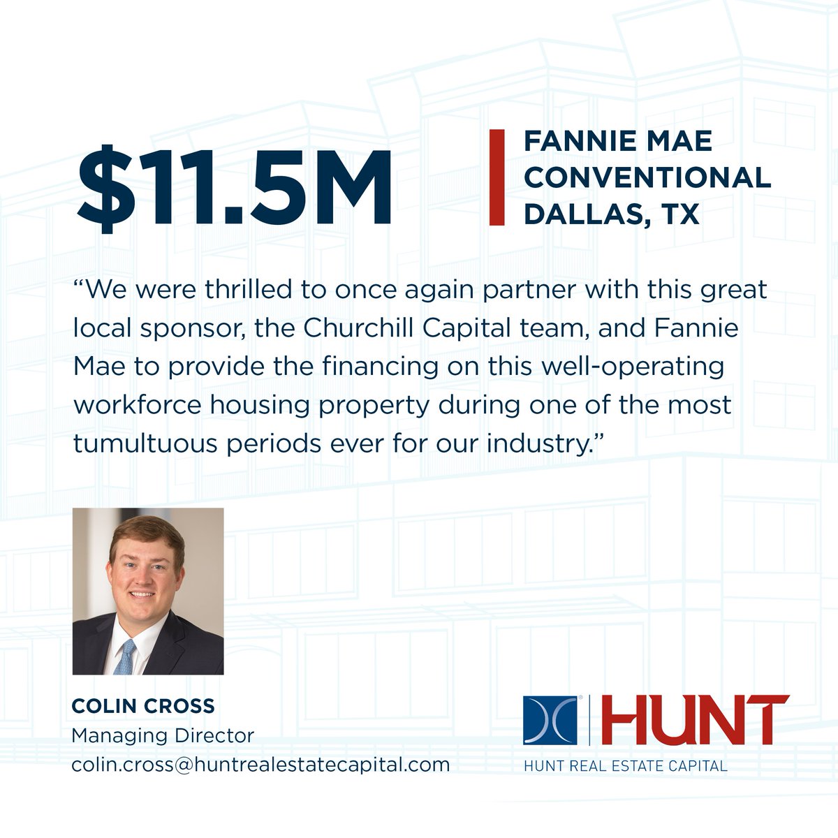 HRECapital's tweet photo. Colin Cross recently provided a Fannie Mae loan of approximately $11.5 million to refinance a 172-unit property in Dallas. The loan features a low fixed rate, 12-year term, and two years of interest only. https://t.co/LfZN2VItt1

#CRE #Refinance #DallasRealEstate https://t.co/2clNdWKES6