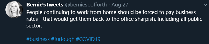 4/ Here at the same time as Tice want to protect his commercial property interests calling for stopping remote working,  @berniespofforth does the same saying she cares for service staff. Surprising when she doesn't mind the many industries that will suffer from Brexit.cont...