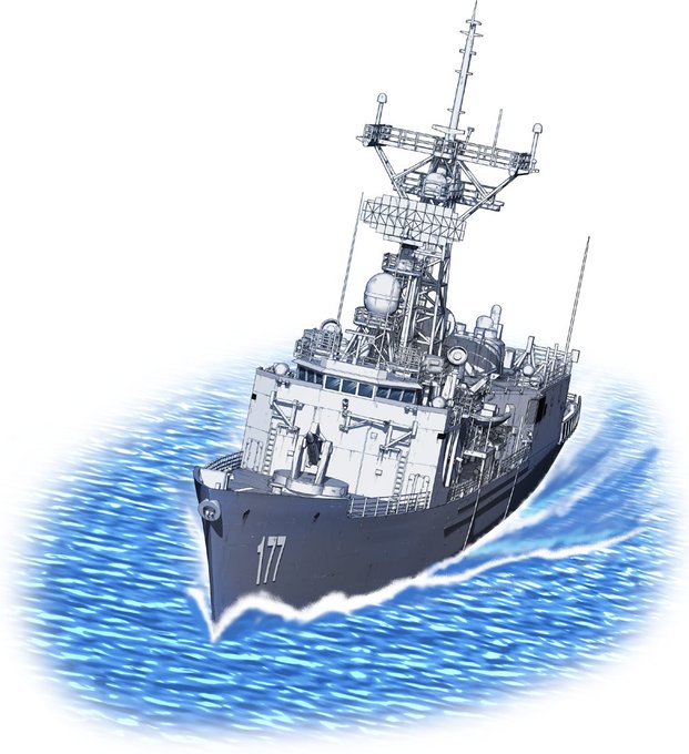 31日発売予定のレンジャーっ娘さん2巻の表紙用に描いたオリバー・ハザード・ペリー級ミサイルフリゲートです。

名前の元になったペリーさん(オリバー・ハザード・ペリー)は日本の浦賀に来航したペリーさん(マシュー・カルブレイス・ペリー)のお兄ちゃん。 