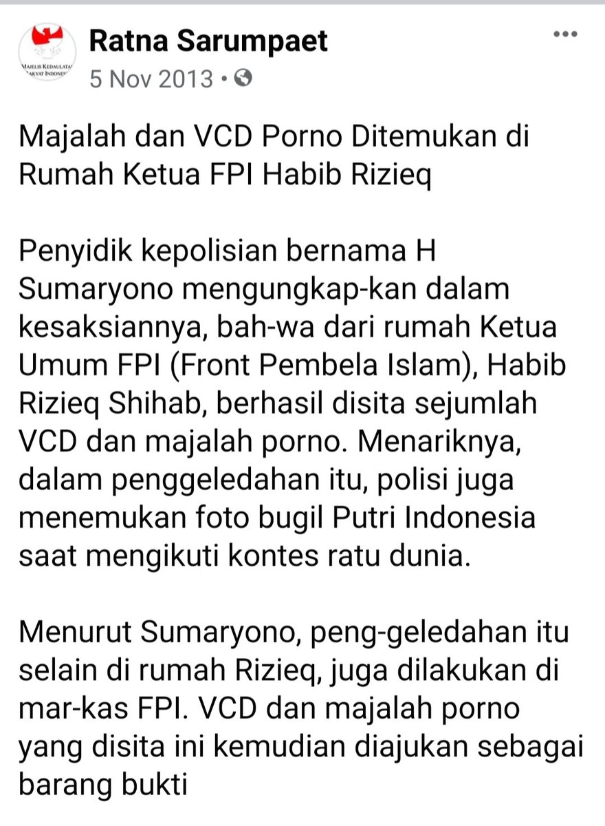 RIZIQ  MEMANG MESUM

Pada tahun 2012 lalu ketika Rumah RIZIQ digeledah penyidik ditemukan Majalah dan VCD PORNO.
Jadi Jangan Kaget kemudian Riziq Ber Chating mesum dengan FIRZA.
MMG OTAKNYA MESUM ITU HABIB PALSU.
😄😄