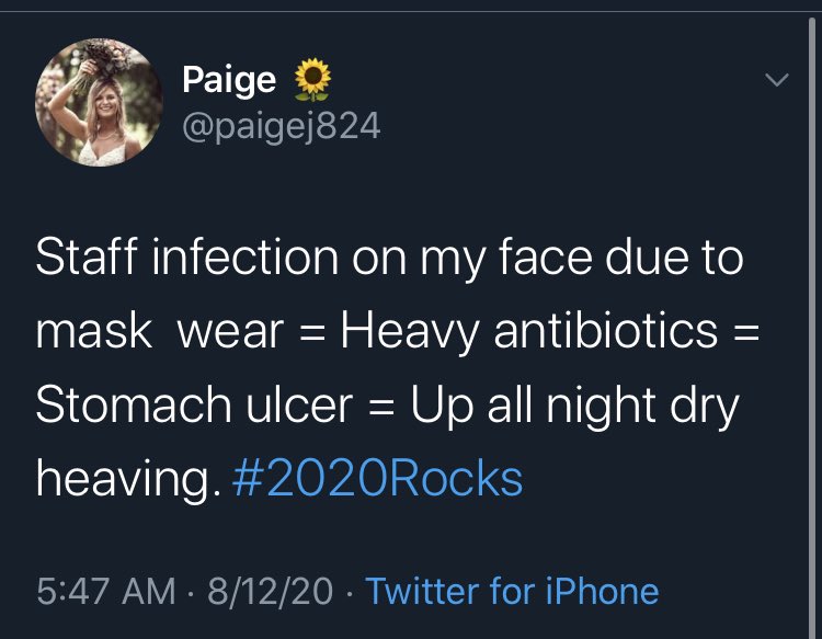 I’m going to start collecting these personal stories of staph and other infections caused by wearing a mask.1/